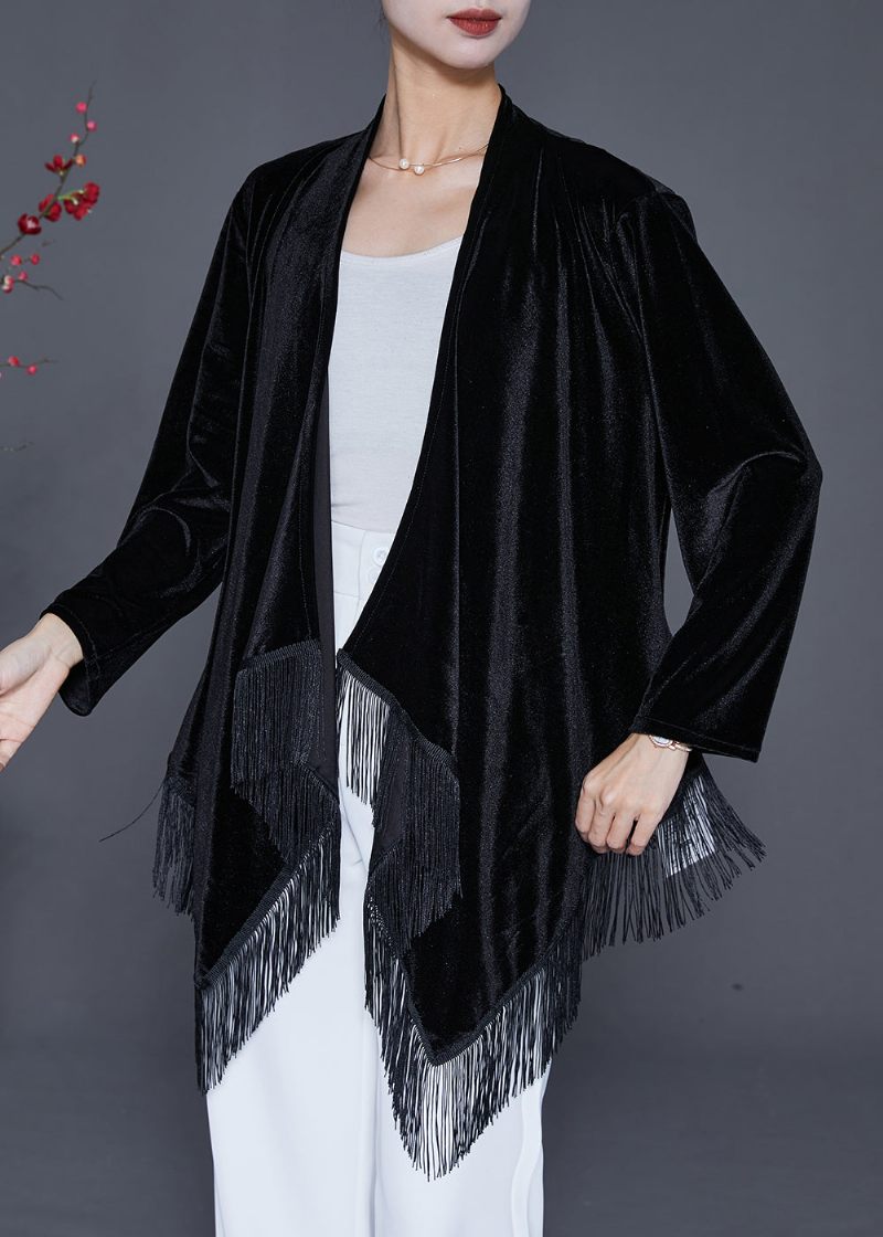 Svart Oversized Silk Velour Cardigan Asymmetrisk Tofs Höst