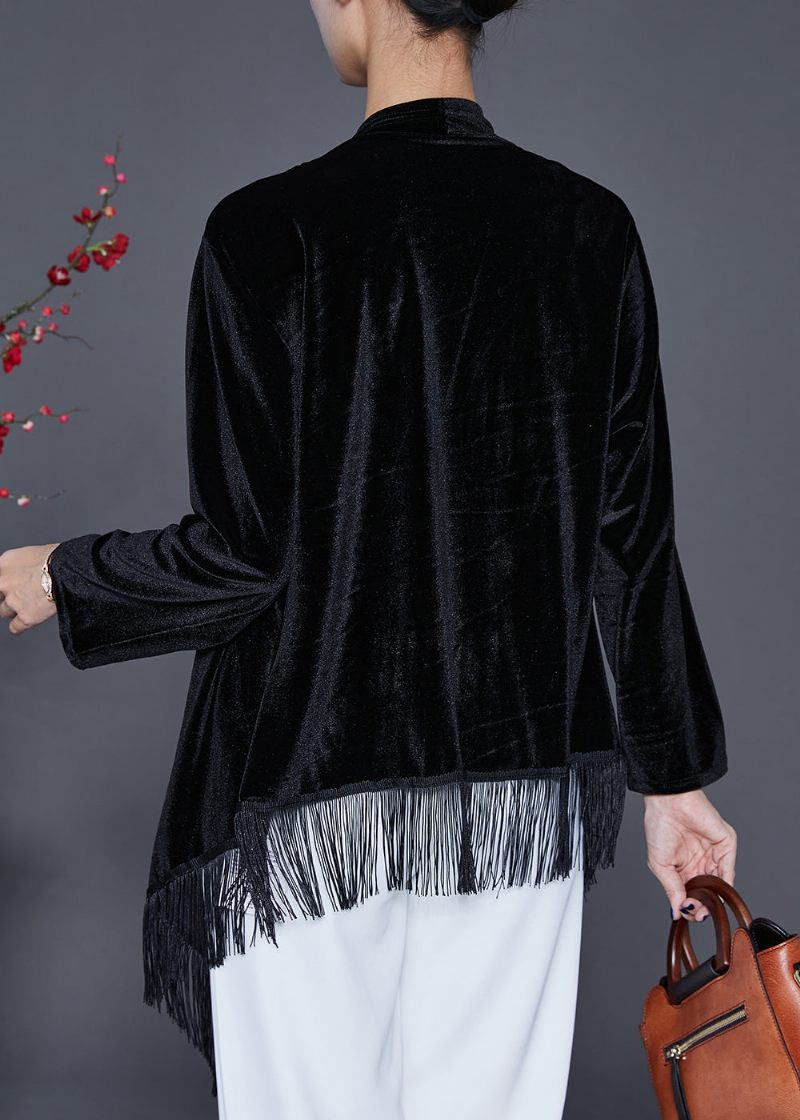 Svart Oversized Silk Velour Cardigan Asymmetrisk Tofs Höst - Koftor för kvinnor