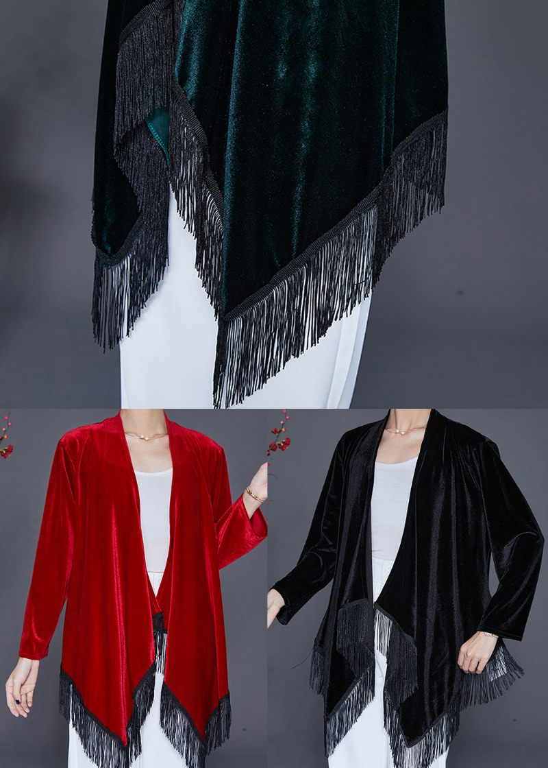 Svart Oversized Silk Velour Cardigan Asymmetrisk Tofs Höst - Koftor för kvinnor