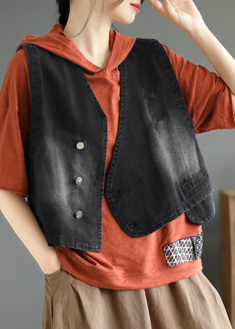 Svart Patchwork Button Denim Coat Fall