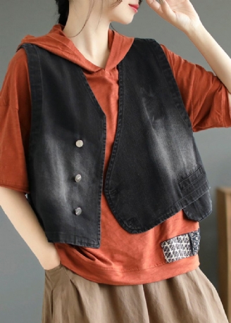 Svart Patchwork Button Denim Coat Fall