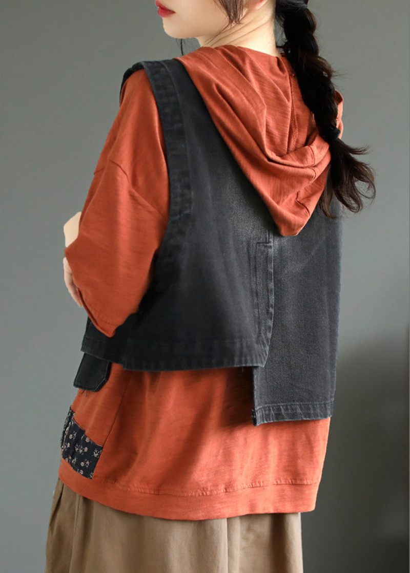 Svart Patchwork Button Denim Coat Fall - Svart