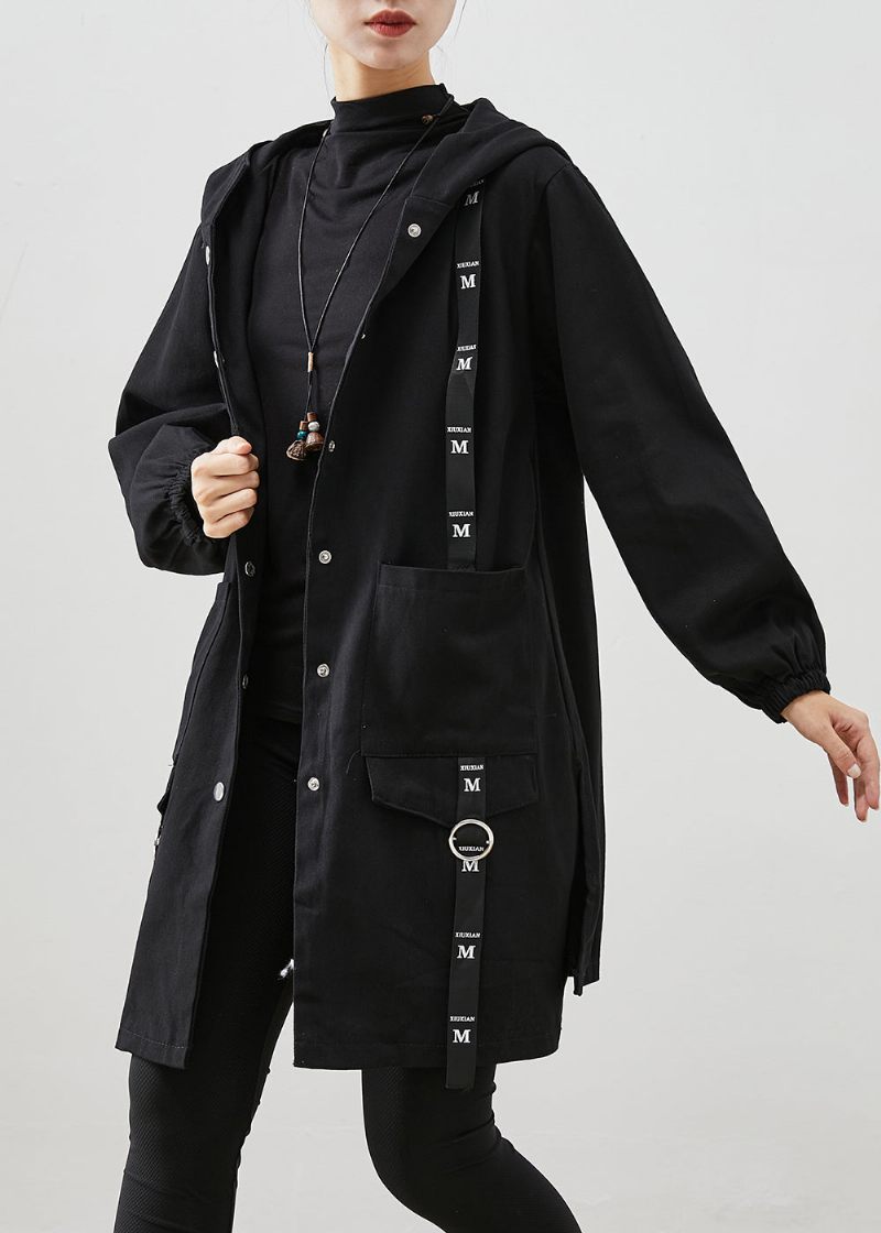 Svart Patchwork Cotton Hoodie Trench Coat Oversized Fall