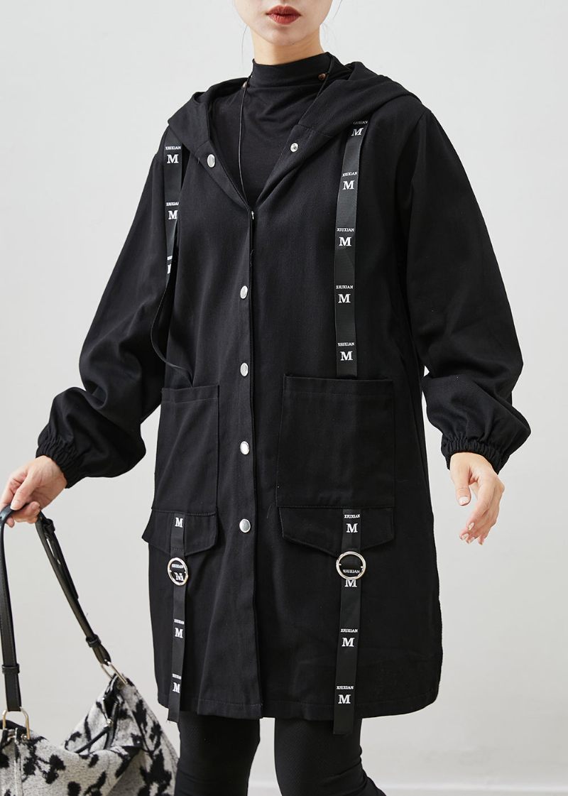 Svart Patchwork Cotton Hoodie Trench Coat Oversized Fall - Trenchcoats för kvinnor