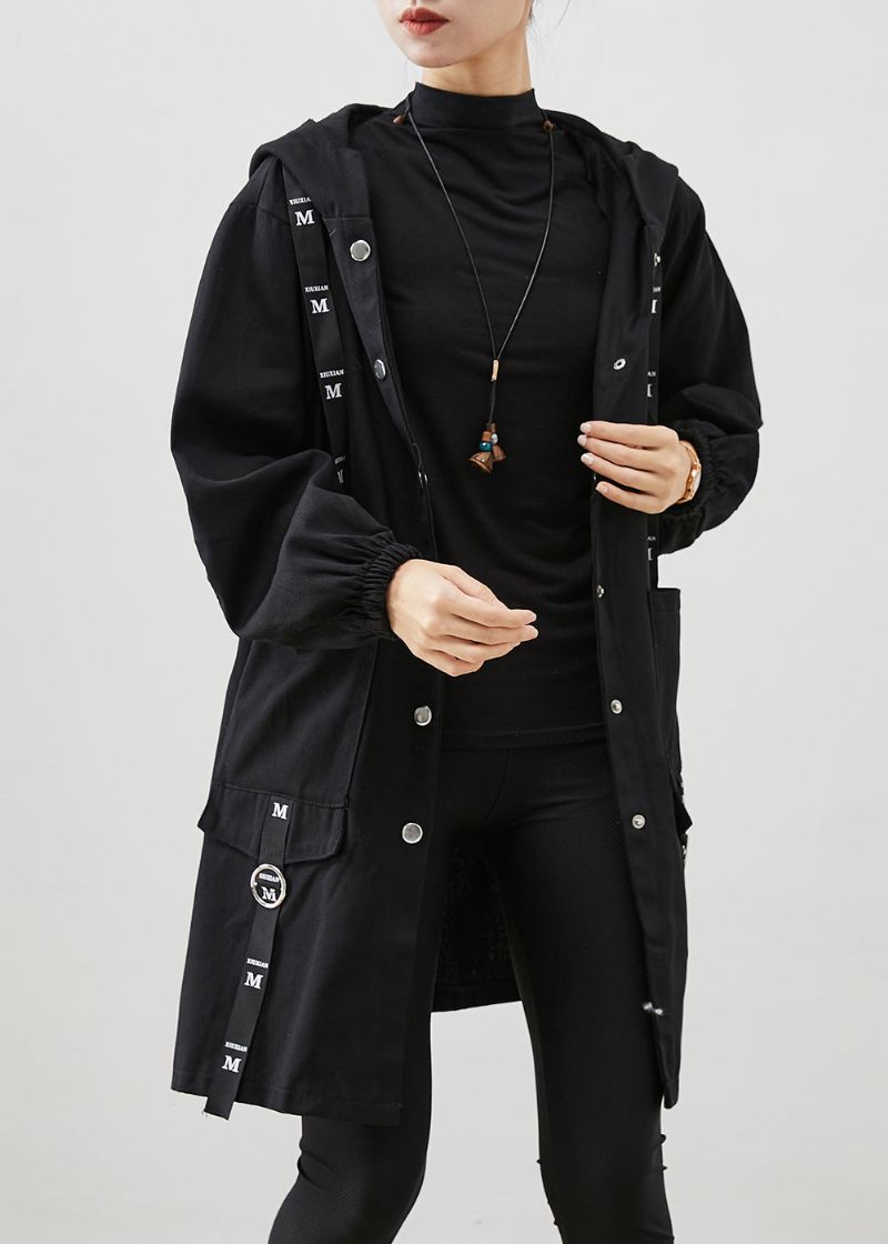 Svart Patchwork Cotton Hoodie Trench Coat Oversized Fall - Trenchcoats för kvinnor