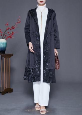 Svart Patchwork Cotton Trench Broderad Hooded Fall