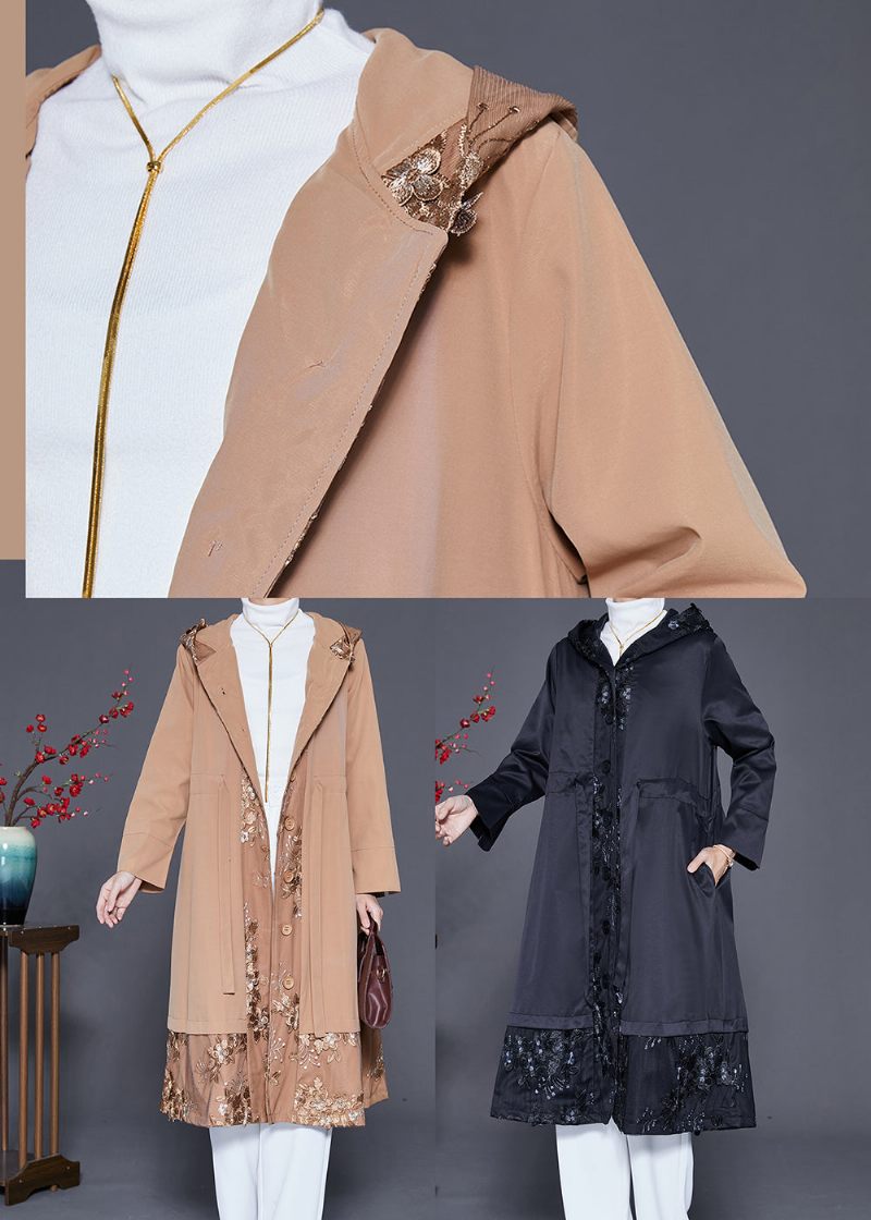 Svart Patchwork Cotton Trench Broderad Hooded Fall - Trenchcoats för kvinnor