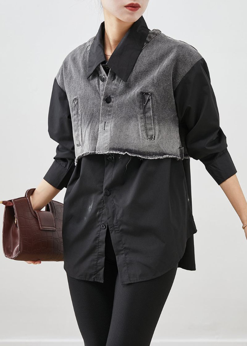 Svart Patchwork Denim Bomullsskjorta Toppar Oversized Fall