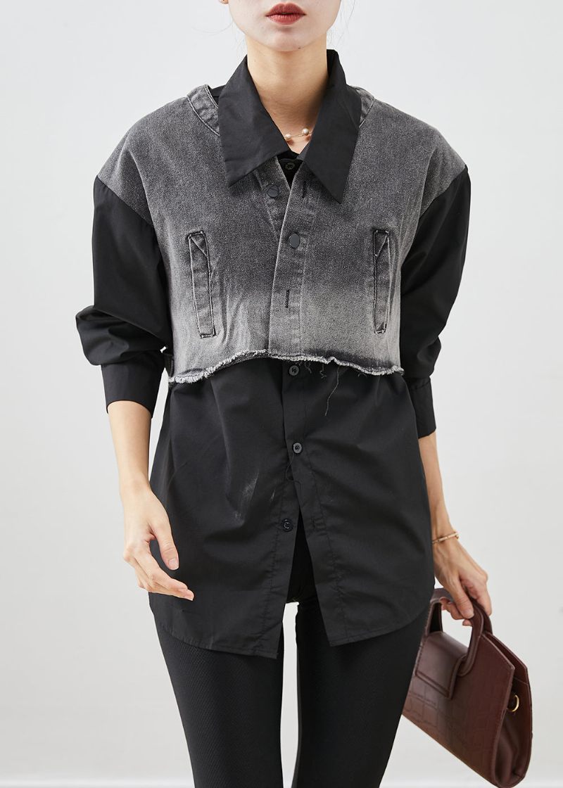 Svart Patchwork Denim Bomullsskjorta Toppar Oversized Fall - Vinterkappor för kvinnor