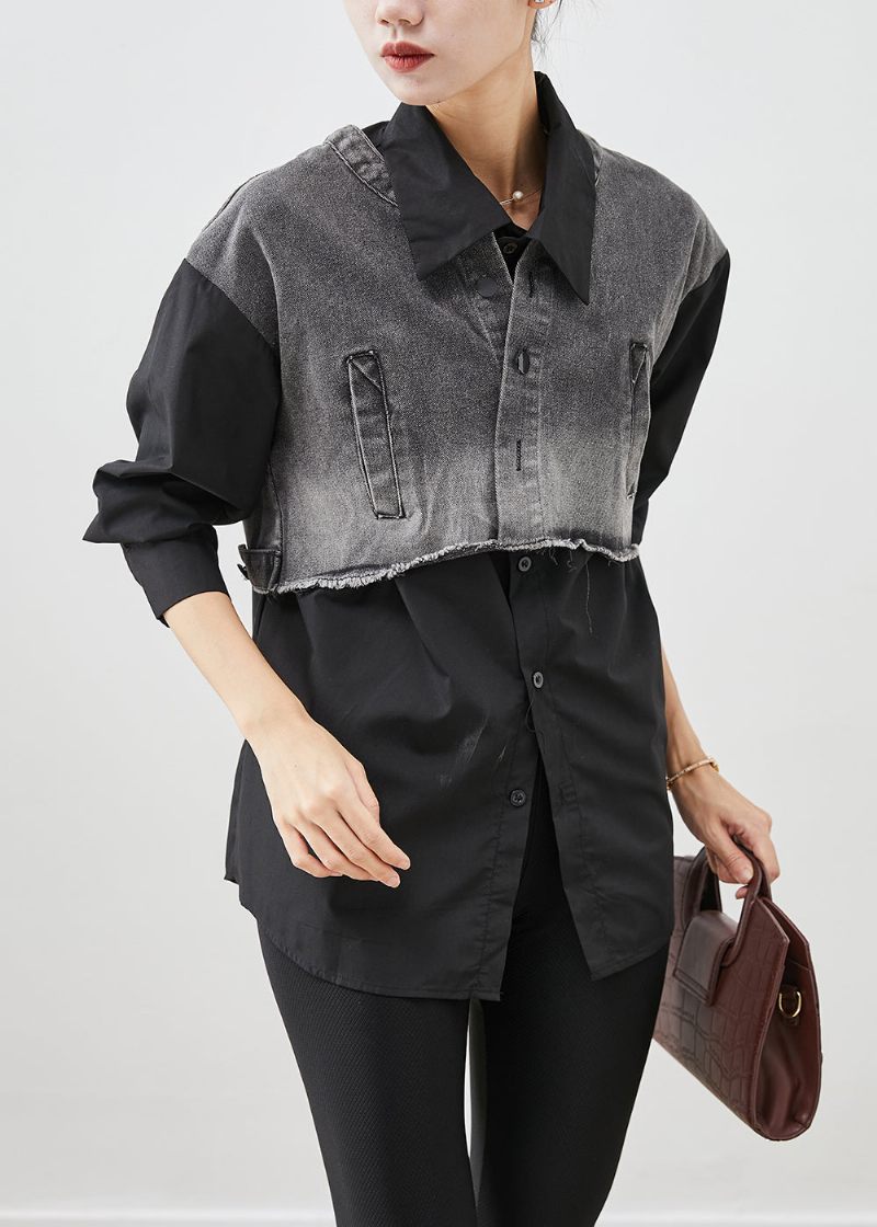 Svart Patchwork Denim Bomullsskjorta Toppar Oversized Fall - Vinterkappor för kvinnor