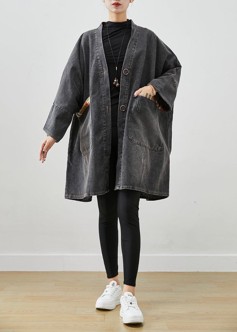 Svart Patchwork Denim Trench Coat Outwear Oversized Fall - Trenchcoats för kvinnor