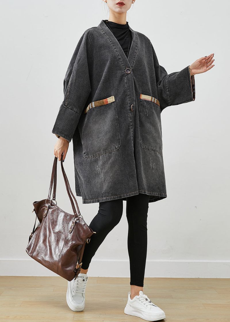 Svart Patchwork Denim Trench Coat Outwear Oversized Fall - Trenchcoats för kvinnor