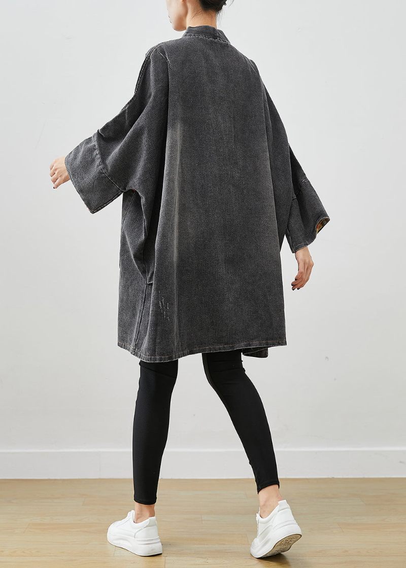 Svart Patchwork Denim Trench Coat Outwear Oversized Fall - Trenchcoats för kvinnor