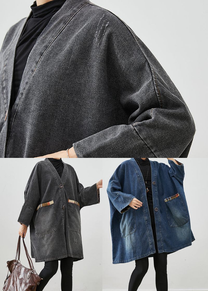 Svart Patchwork Denim Trench Coat Outwear Oversized Fall - Trenchcoats för kvinnor