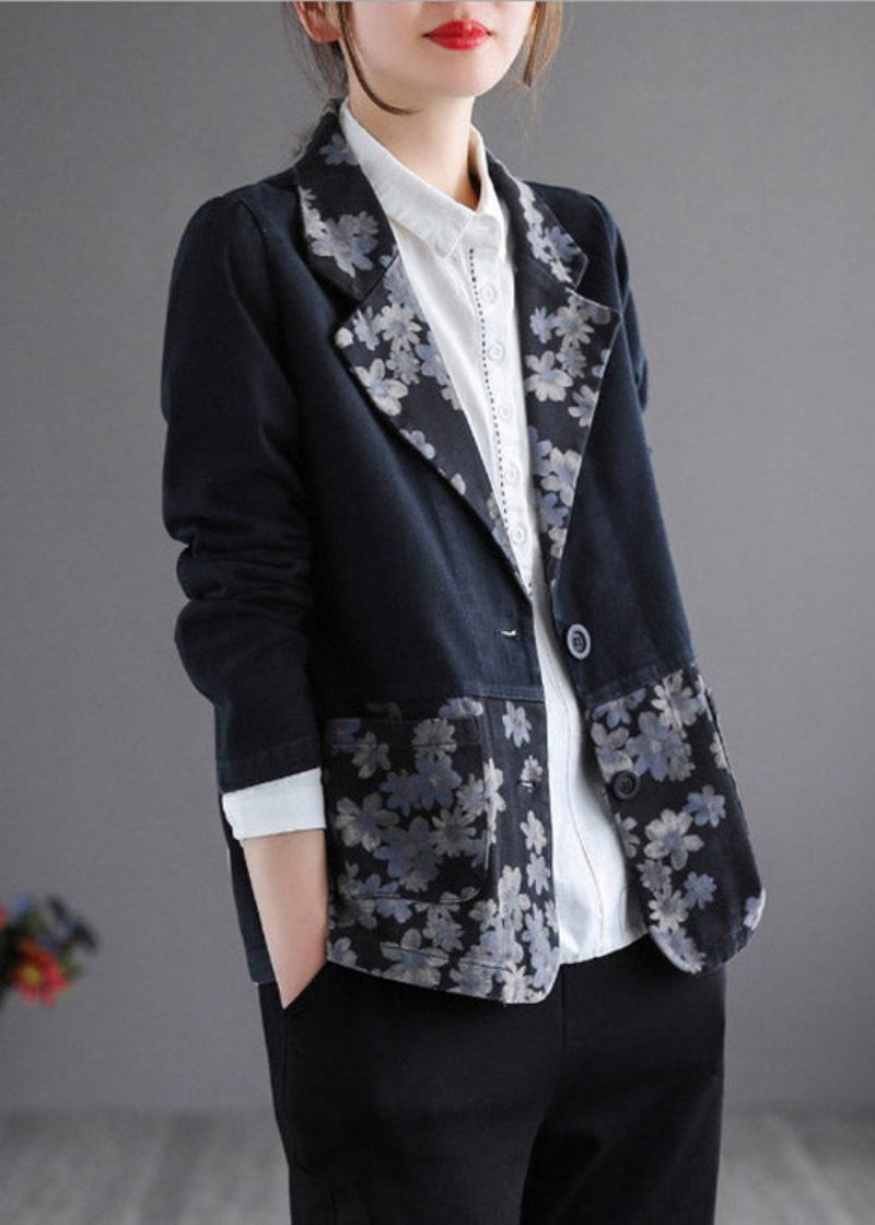 Svart Patchwork Knapp Denim Coat Långärmad - Svart