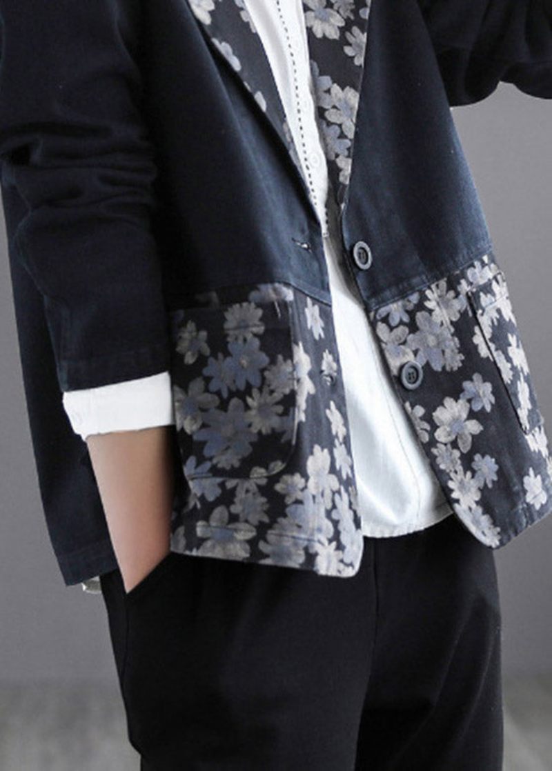 Svart Patchwork Knapp Denim Coat Långärmad - Svart