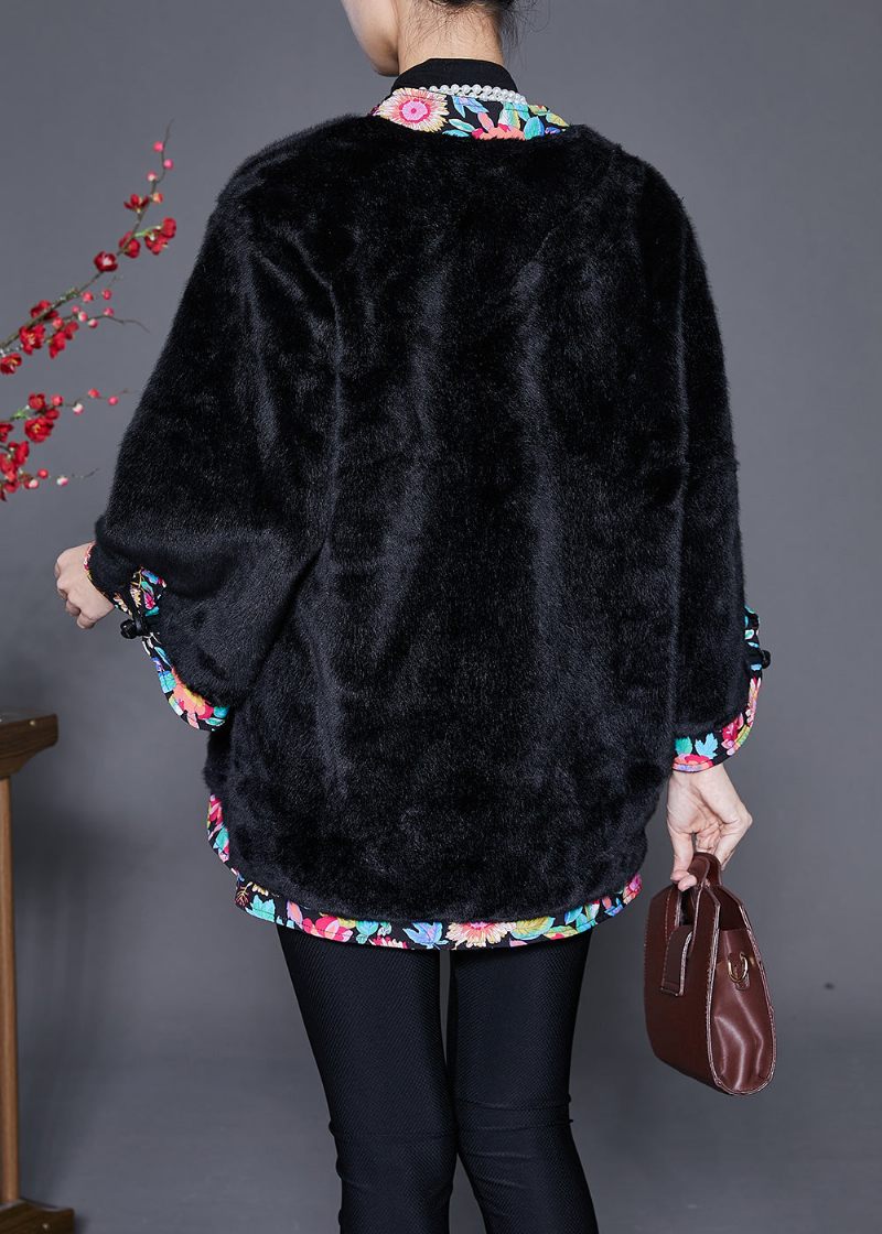 Svart Patchwork Mink Velvet Coat Ytterkläder Oversized Lace Up Winter - Vinterkappor för kvinnor