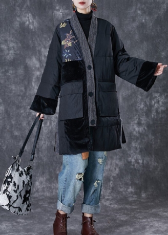 Svart Patchwork Tjock Fin Bomullsfylld Parkas Oversized Fickor Vinter