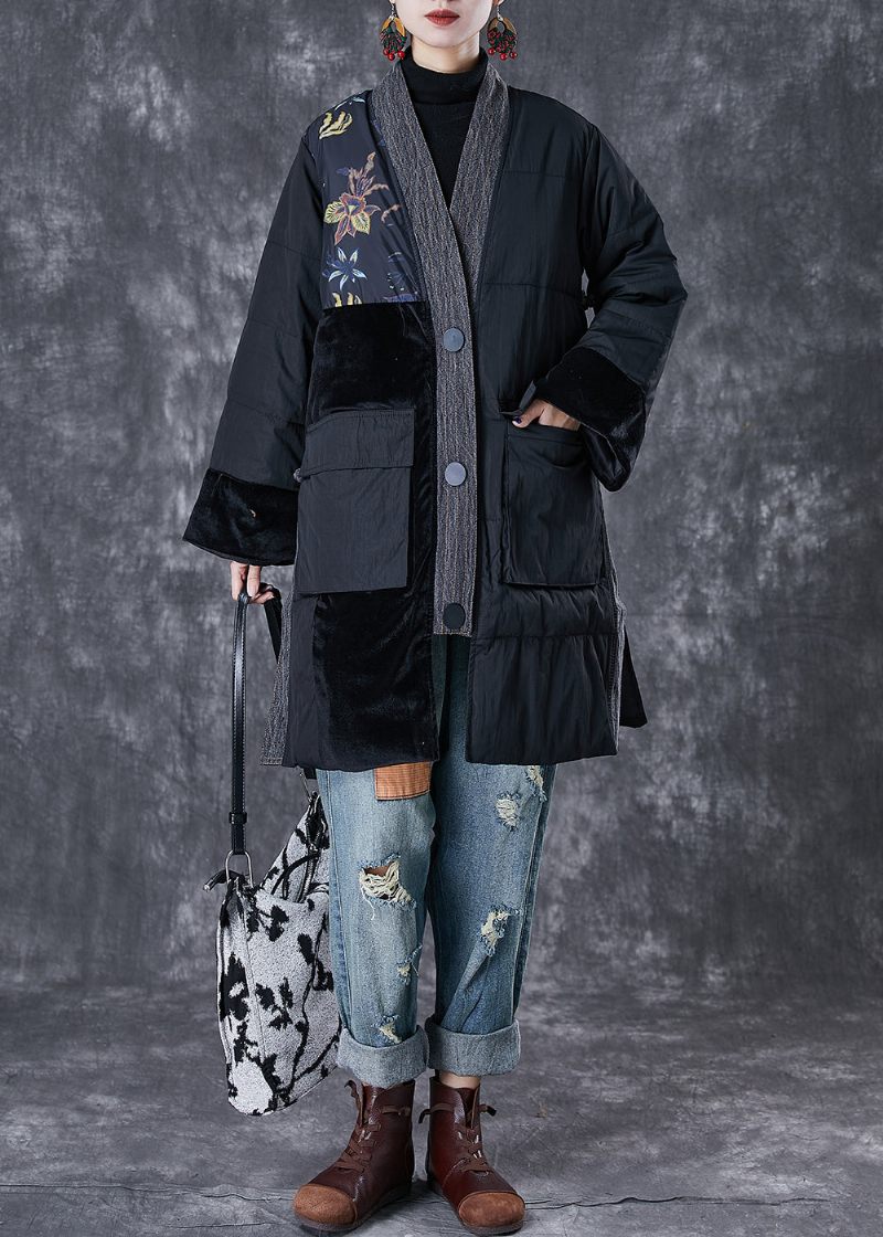 Svart Patchwork Tjock Fin Bomullsfylld Parkas Oversized Fickor Vinter - Dunjackor för kvinnor