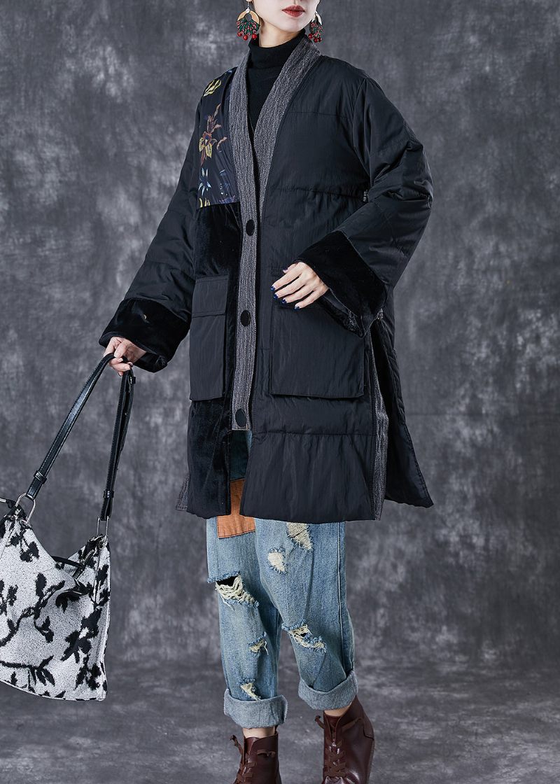 Svart Patchwork Tjock Fin Bomullsfylld Parkas Oversized Fickor Vinter - Dunjackor för kvinnor