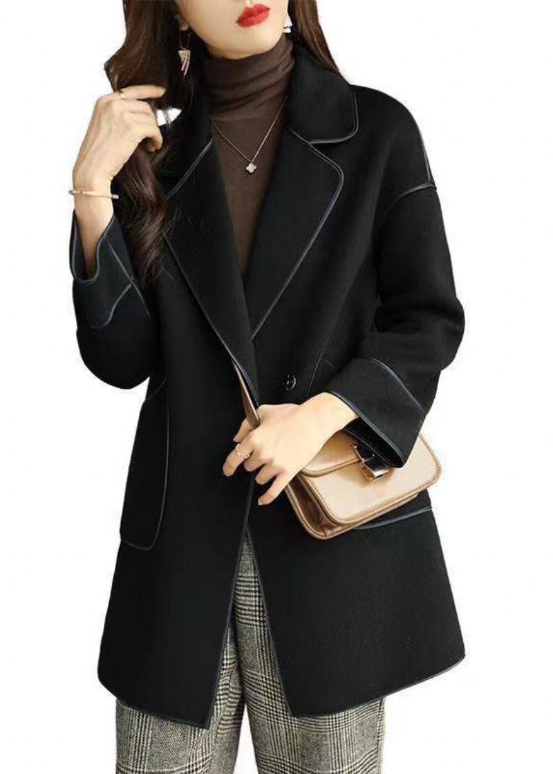 Svart Silm Fit Woolen Coat Oversized Fickor Fall - Trenchcoats för kvinnor