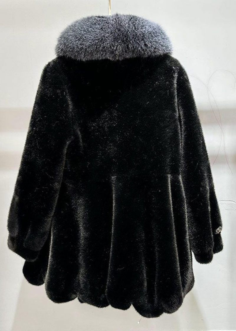 Svart Slim Fit Mink Velvet Coat Fox Krage Fickor Vinter - Vinterkappor för kvinnor