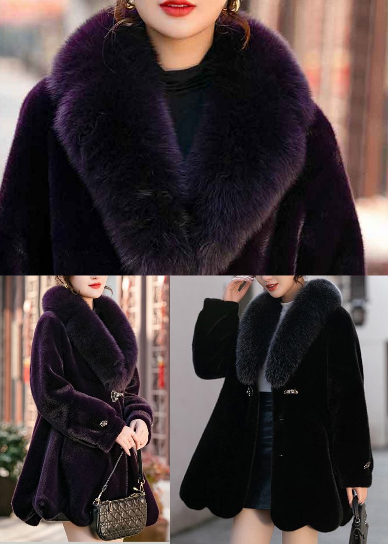 Svart Slim Fit Mink Velvet Coat Fox Krage Fickor Vinter - Vinterkappor för kvinnor