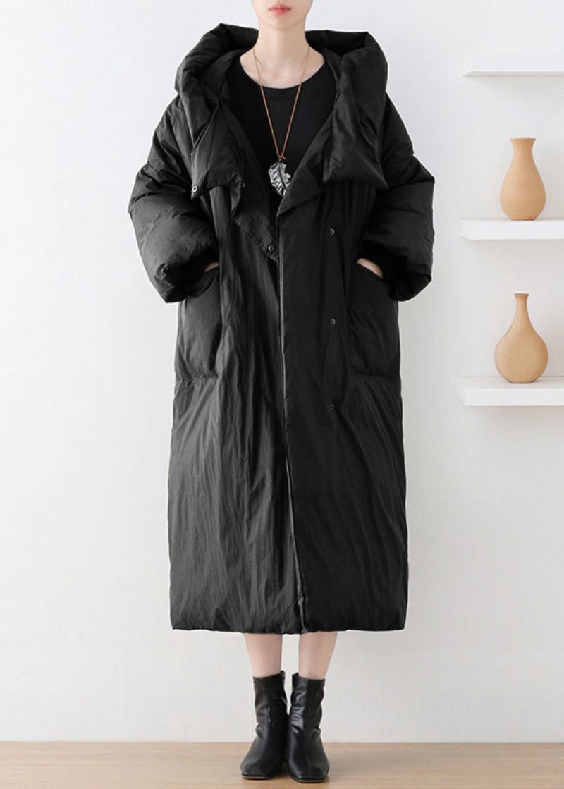 Svart Turtleneck Button Duck Down Hooded Long Coat Winter