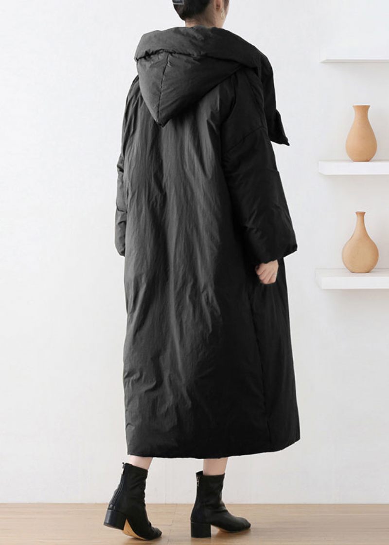 Svart Turtleneck Button Duck Down Hooded Long Coat Winter - Svart