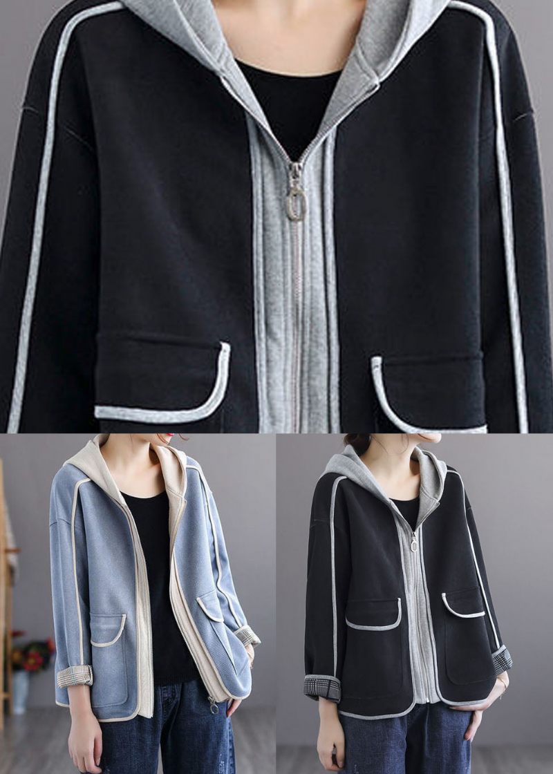 Svarta Fickor Bomull Coats Zip Up Hooded Spring - Vinterkappor för kvinnor