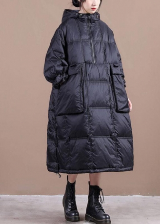 Svarta Fickor Fin Bomullsfylld Parka Zip Up Winter