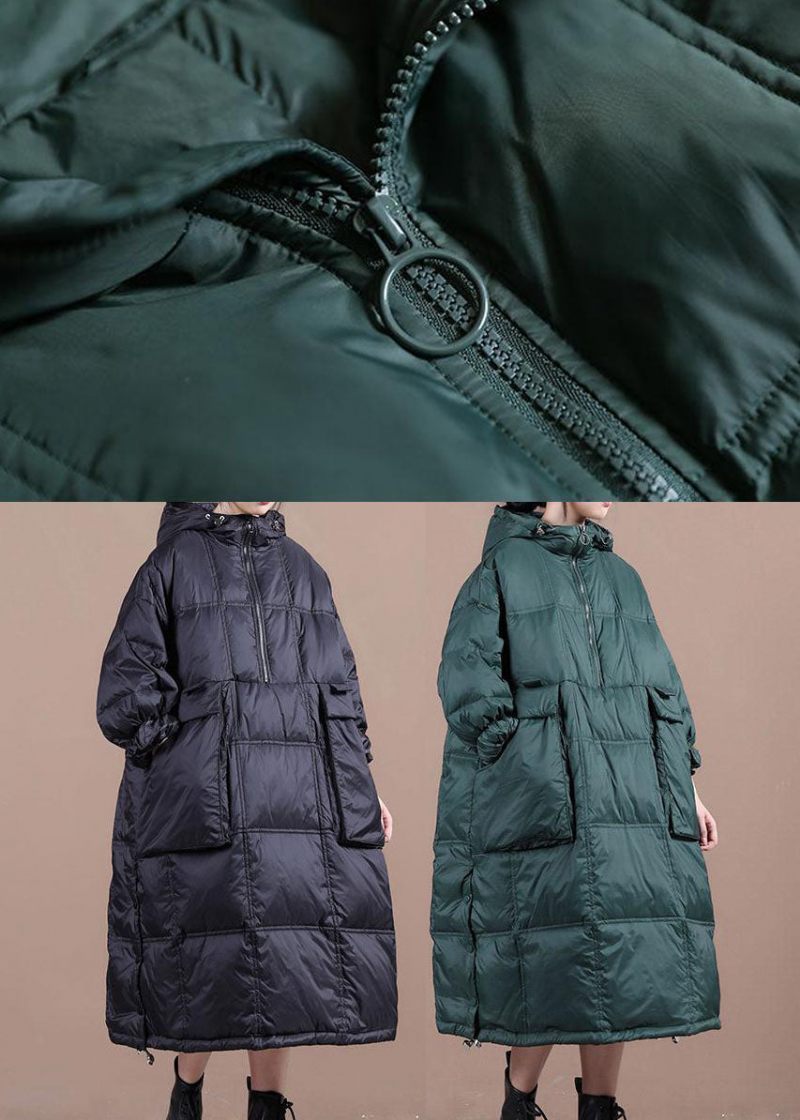 Svarta Fickor Fin Bomullsfylld Parka Zip Up Winter - Grön