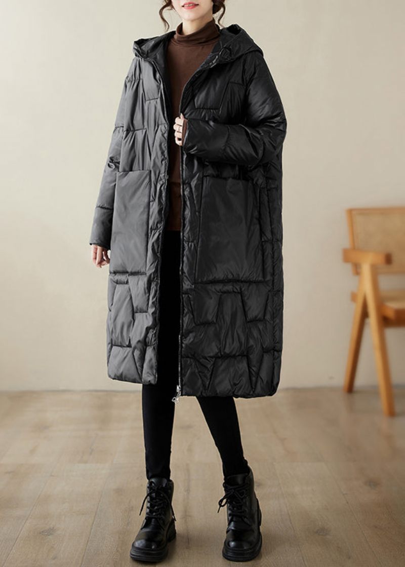 Svarta Fickor Fina Bomullsfyllda Kappor Hooded Zippered Winter