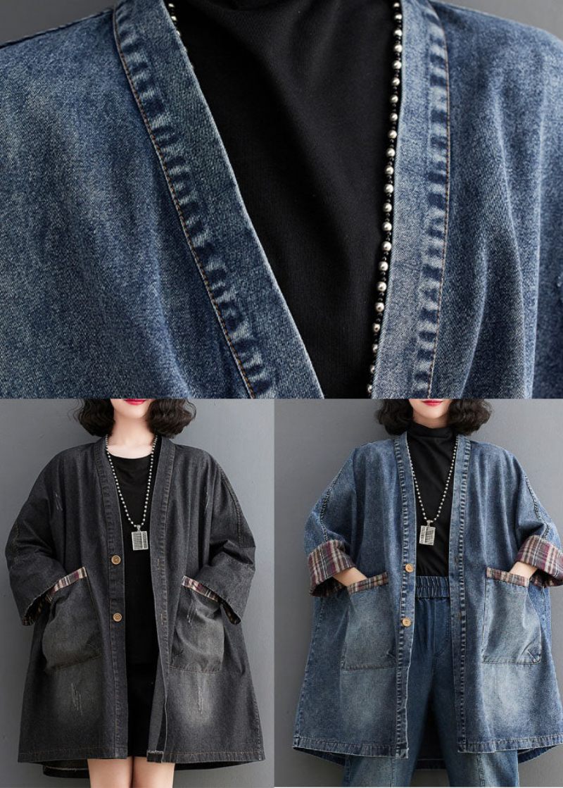 Svarta Fickor Knapp Låg Hög Design Denim Trench Coat Fall - Svart