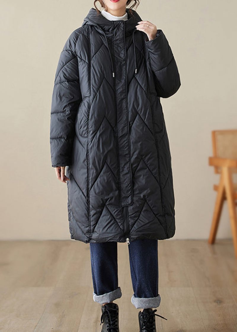 Svarta Fickor Patchwork Fin Bomullsfylld Hooded Coat Zip Up Winter - Dunjackor för kvinnor