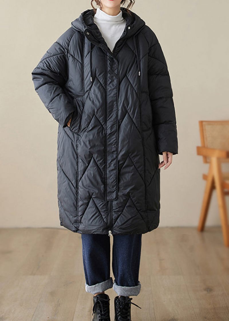 Svarta Fickor Patchwork Fin Bomullsfylld Hooded Coat Zip Up Winter - Dunjackor för kvinnor