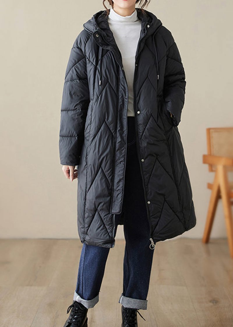 Svarta Fickor Patchwork Fin Bomullsfylld Hooded Coat Zip Up Winter - Dunjackor för kvinnor