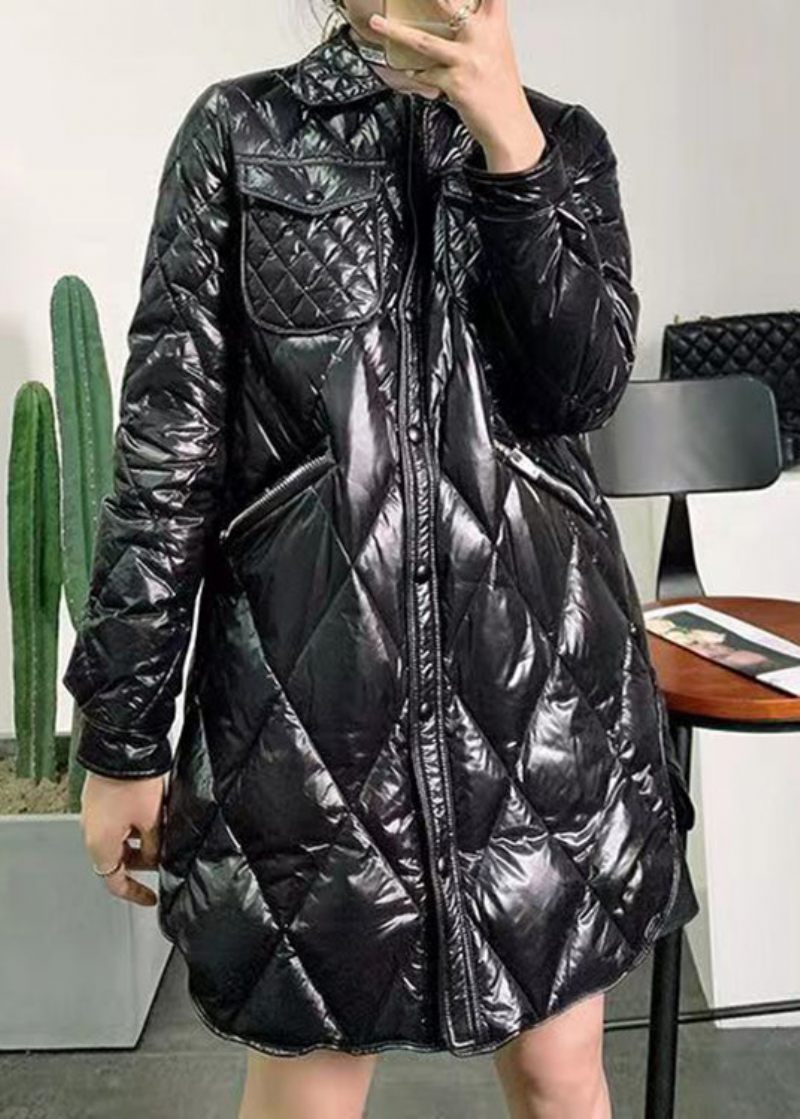 Svarta Knappfickor Patchwork Duck Down Coat Zip Up Långärmad - Vinterkappor för kvinnor