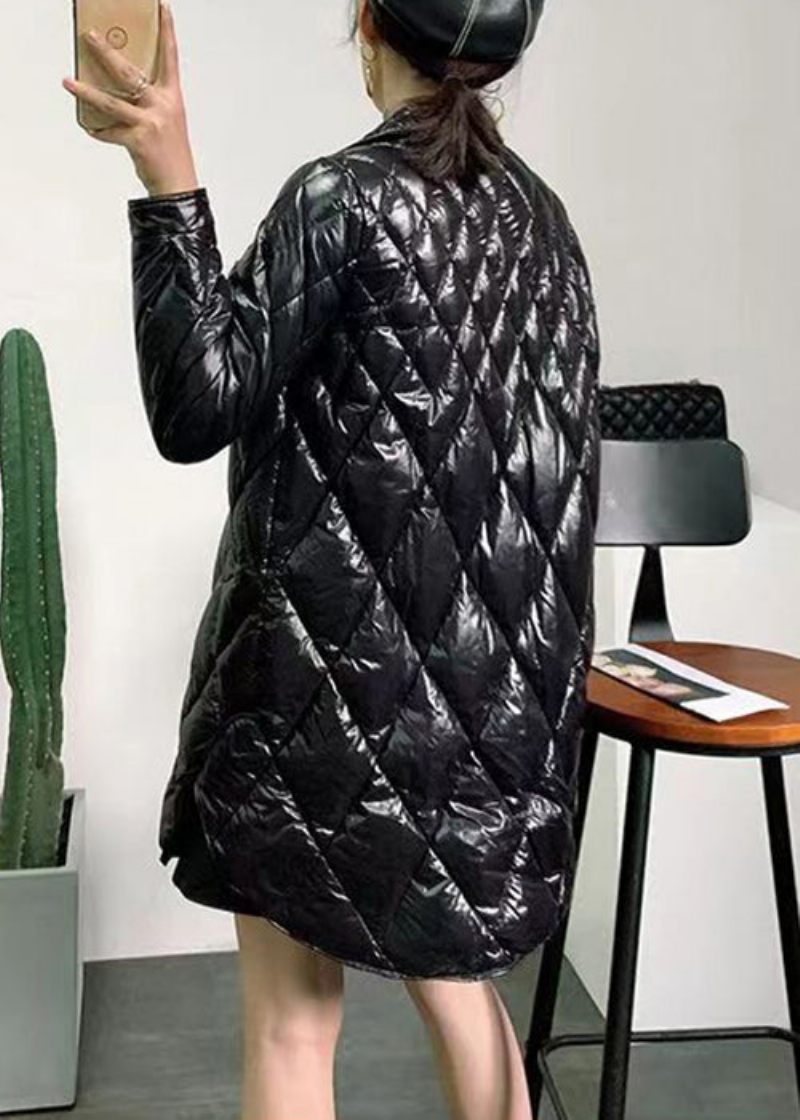 Svarta Knappfickor Patchwork Duck Down Coat Zip Up Långärmad - Vinterkappor för kvinnor