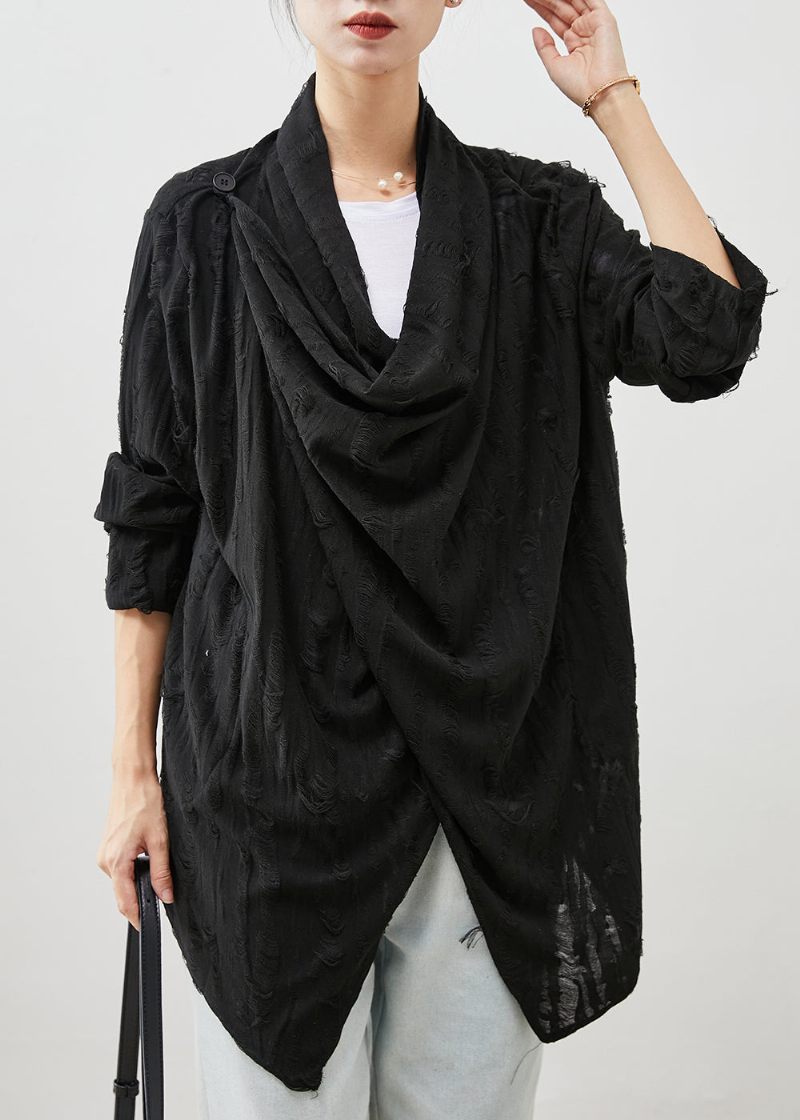 Svarta Oversized Cotton Ripped Cardigans Asymmetrisk Spring