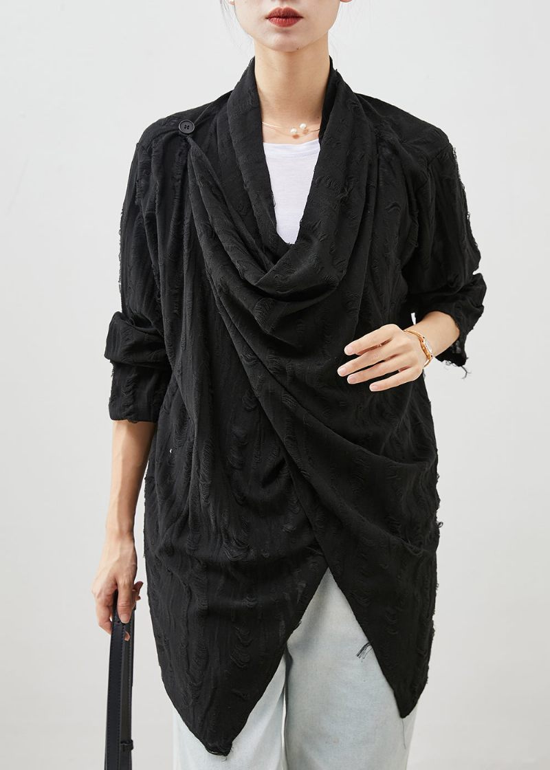 Svarta Oversized Cotton Ripped Cardigans Asymmetrisk Spring - Koftor för kvinnor