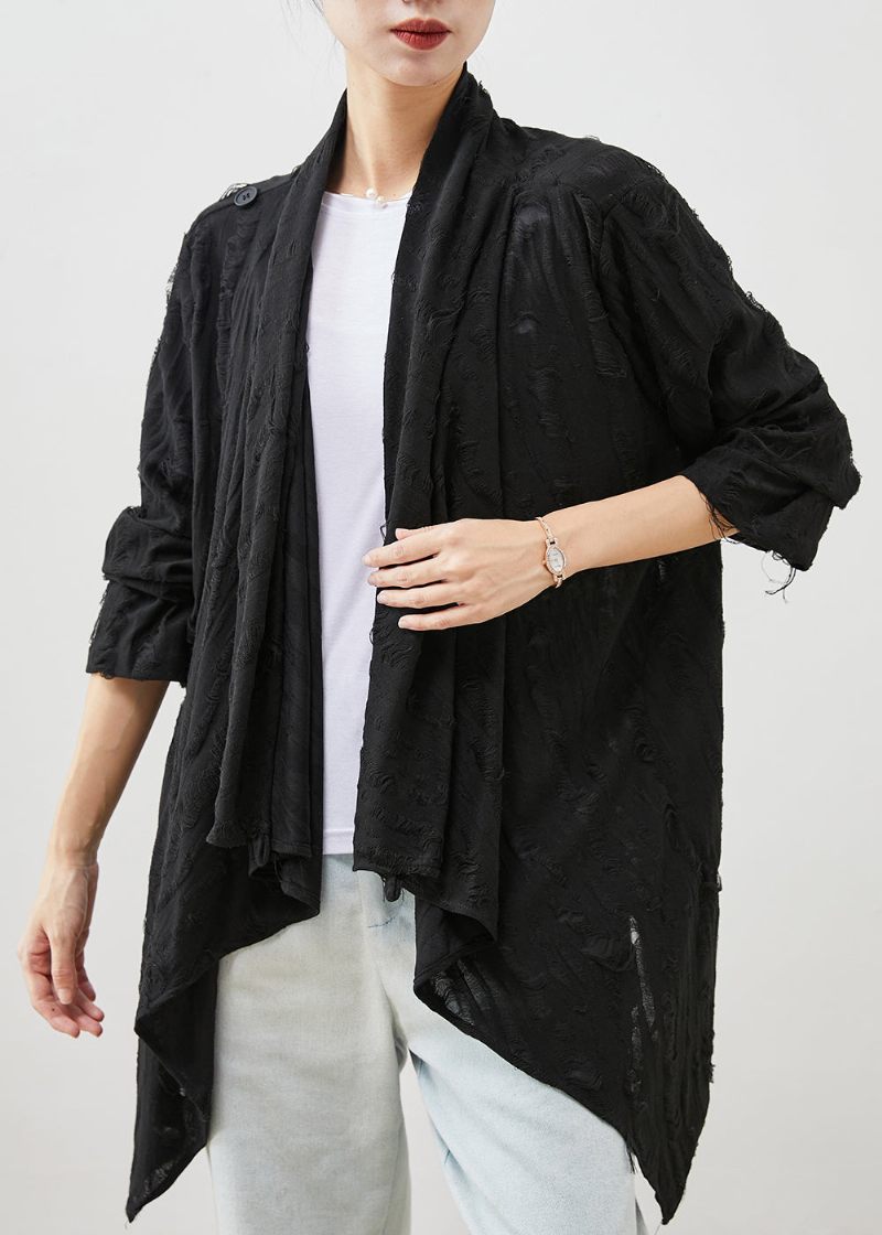 Svarta Oversized Cotton Ripped Cardigans Asymmetrisk Spring - Koftor för kvinnor