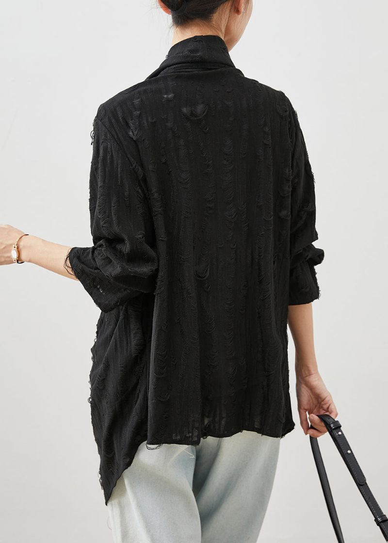 Svarta Oversized Cotton Ripped Cardigans Asymmetrisk Spring - Koftor för kvinnor