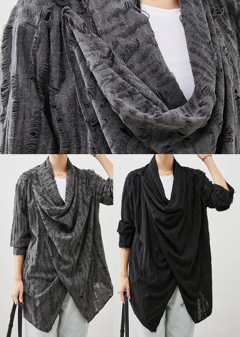 Svarta Oversized Cotton Ripped Cardigans Asymmetrisk Spring - Koftor för kvinnor