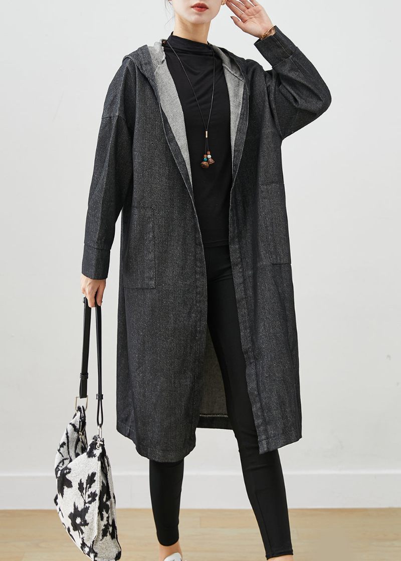 Svarta Oversized Denim Trench Coats Hooded Pockets Fall