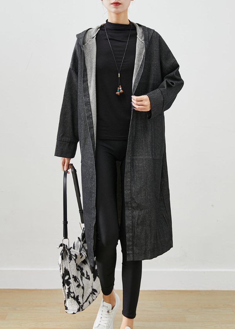 Svarta Oversized Denim Trench Coats Hooded Pockets Fall - Trenchcoats för kvinnor