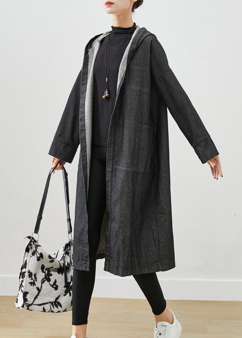 Svarta Oversized Denim Trench Coats Hooded Pockets Fall - Trenchcoats för kvinnor