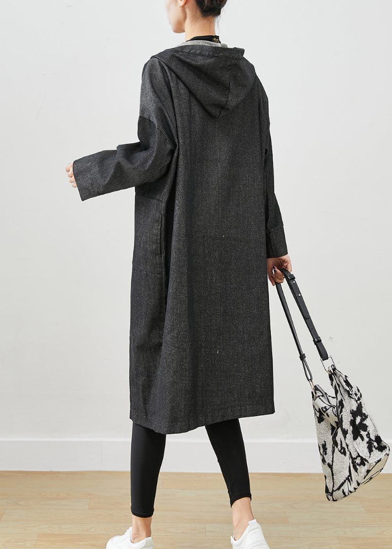 Svarta Oversized Denim Trench Coats Hooded Pockets Fall - Trenchcoats för kvinnor