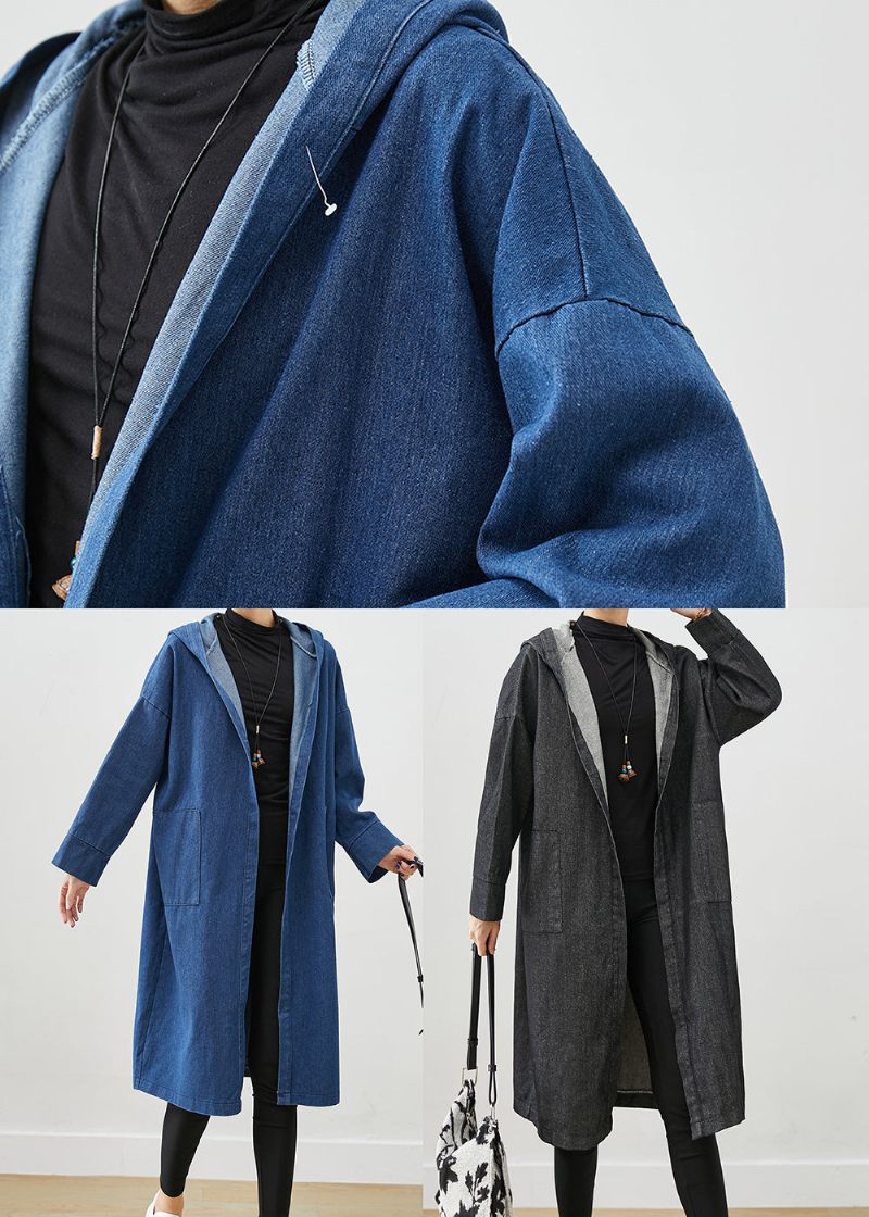 Svarta Oversized Denim Trench Coats Hooded Pockets Fall - Trenchcoats för kvinnor