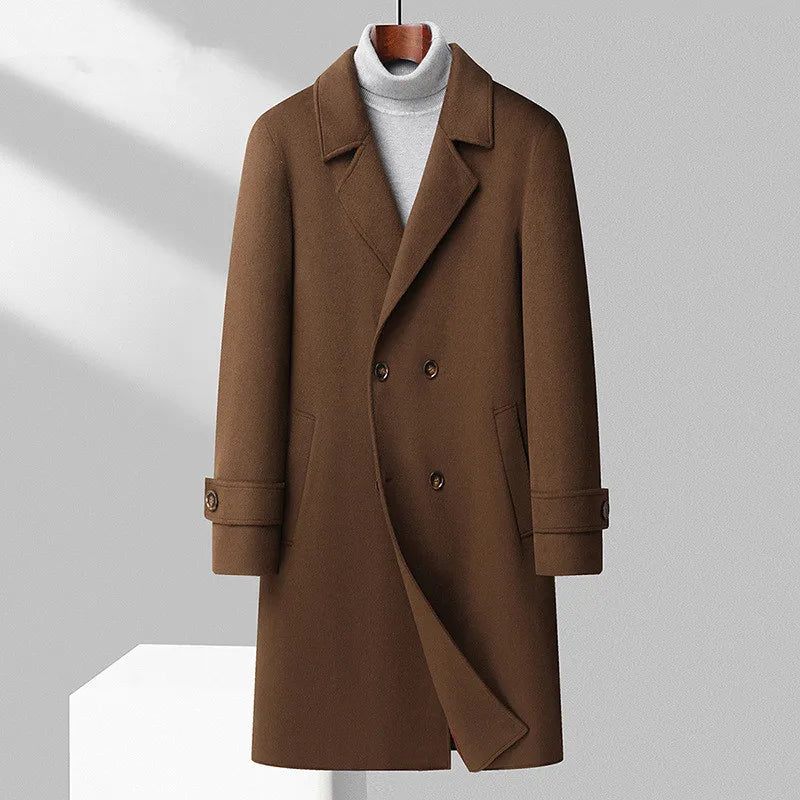 Tjock Trenchcoat I Ylle För Män Dubbelknäppt Lång Kappa Höst Och Vinter - Svart